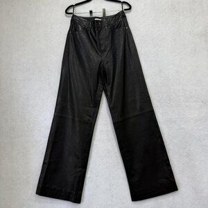 Sundance Leather Pants Womens 28 Black Genuine Five-Pocket Wide Leg Lined Seamed